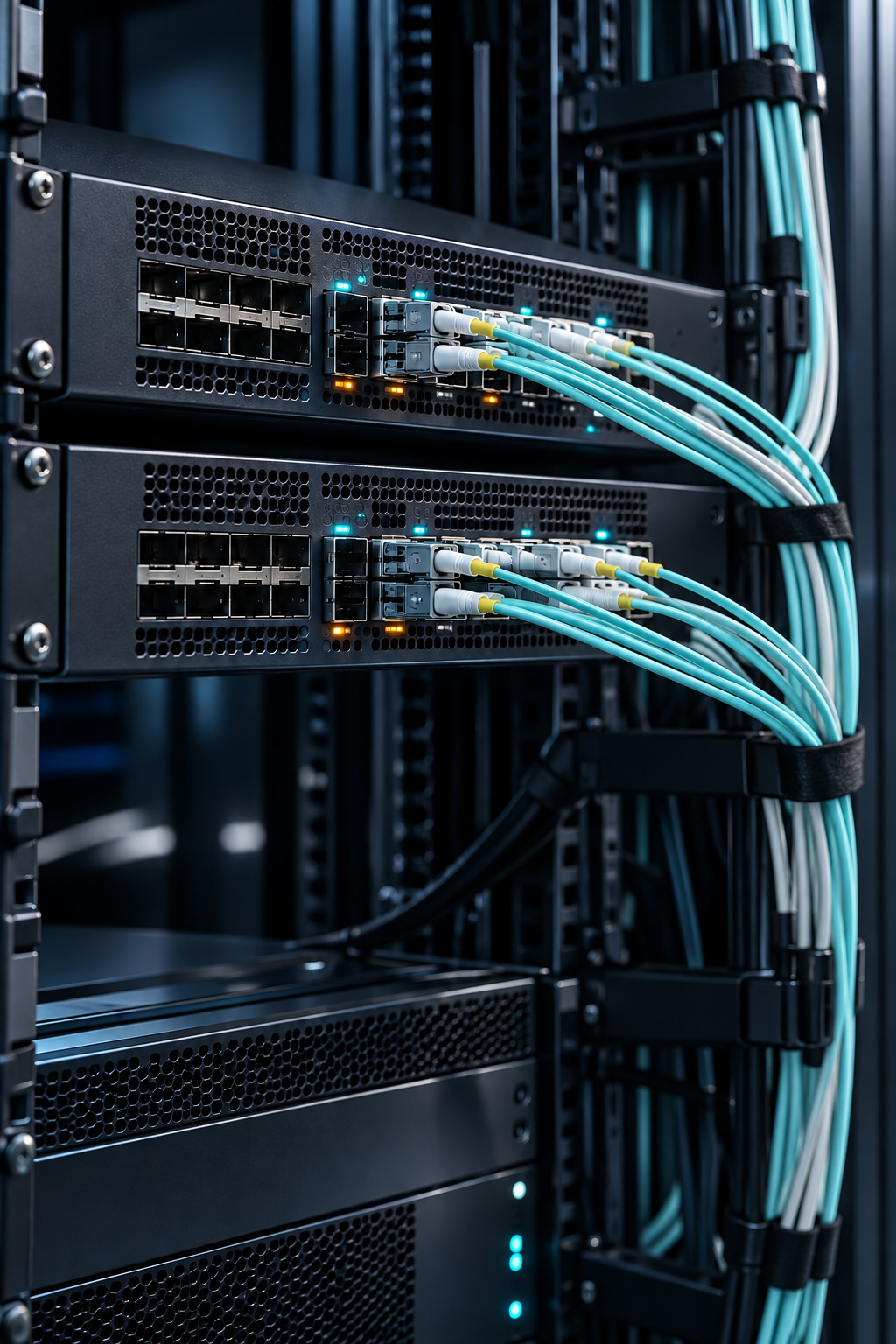 Network switches and fibre connections in a rack