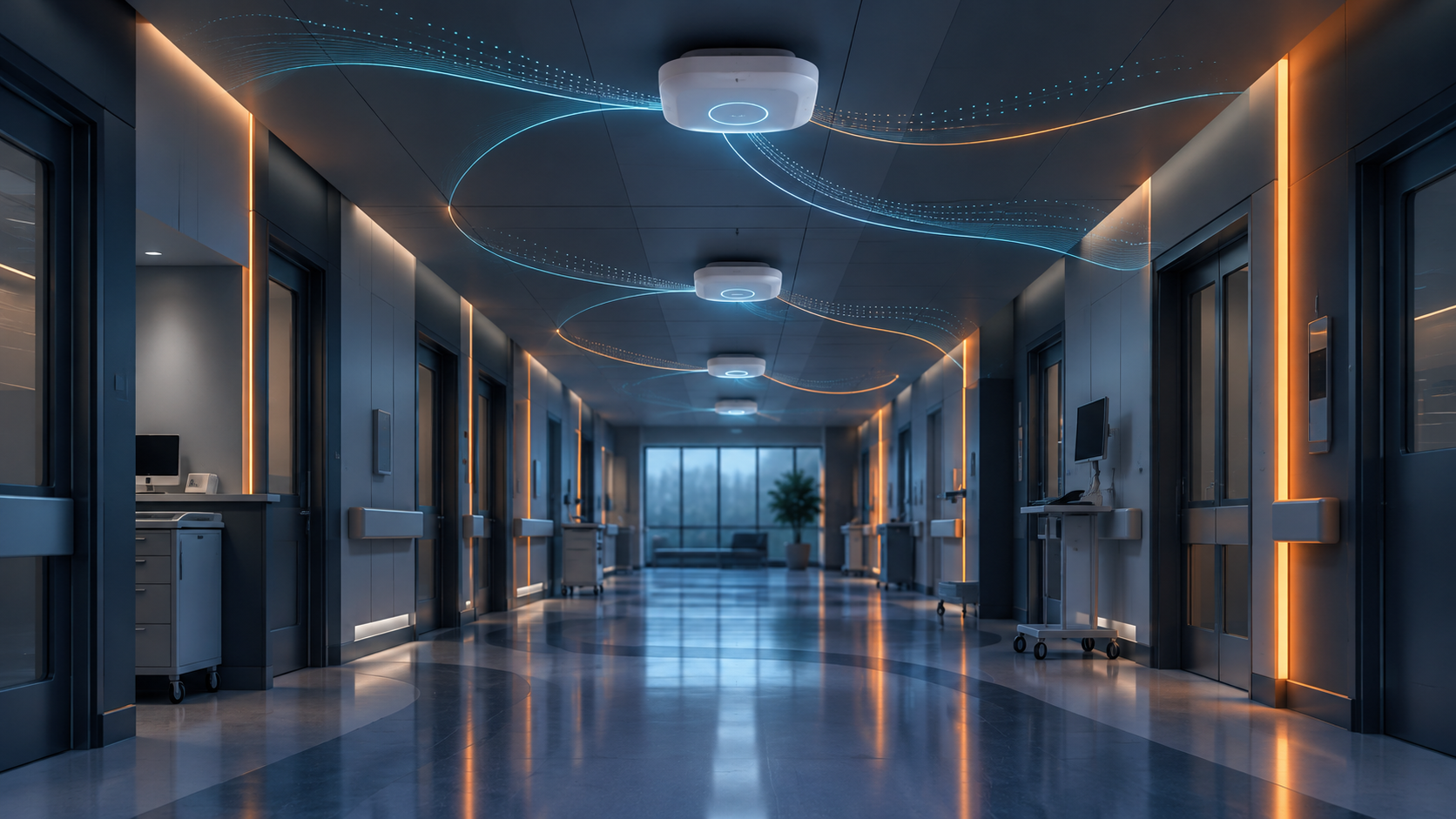 Illustration of wireless access points providing continuous coverage along a hospital corridor