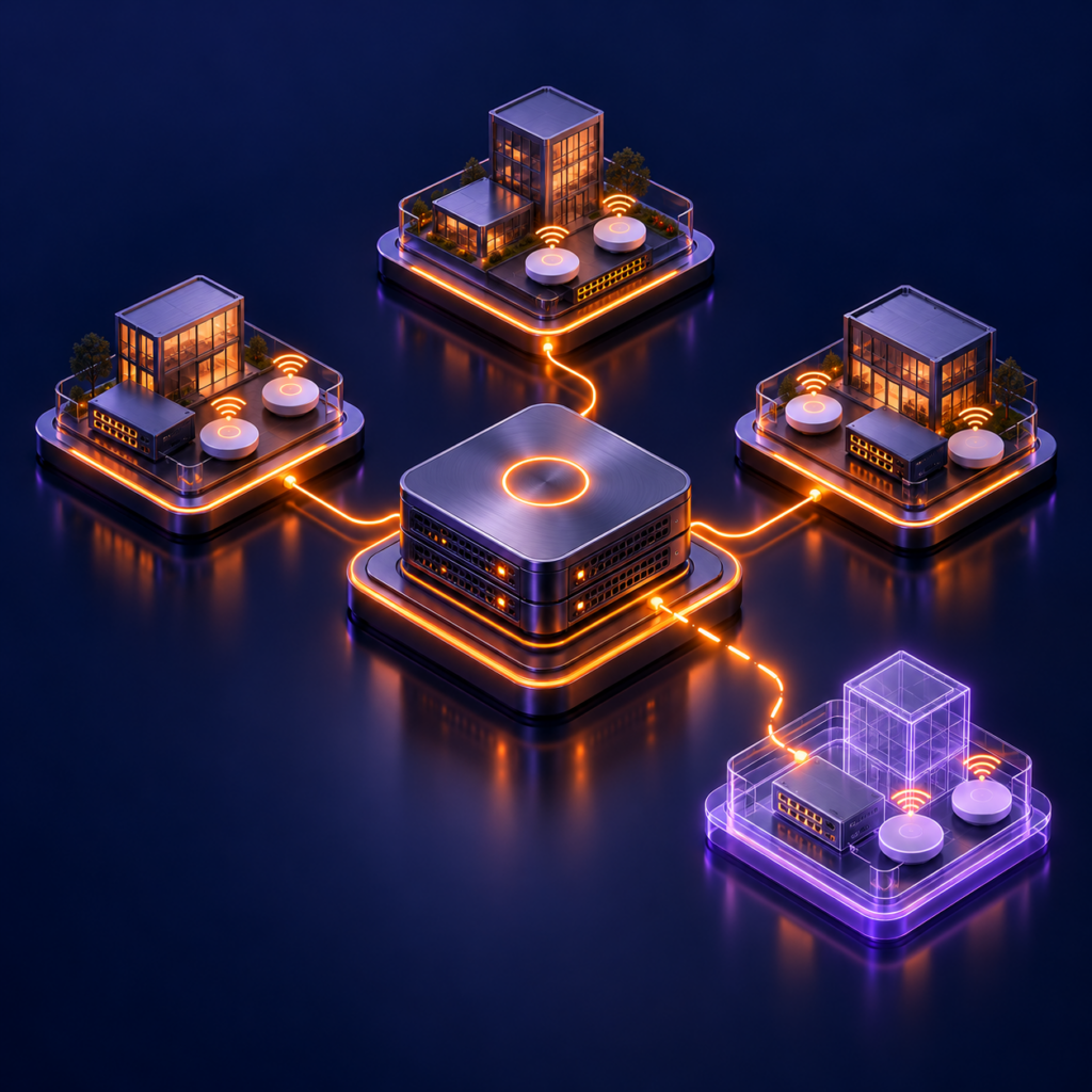 3D illustration of a network expanding across sites