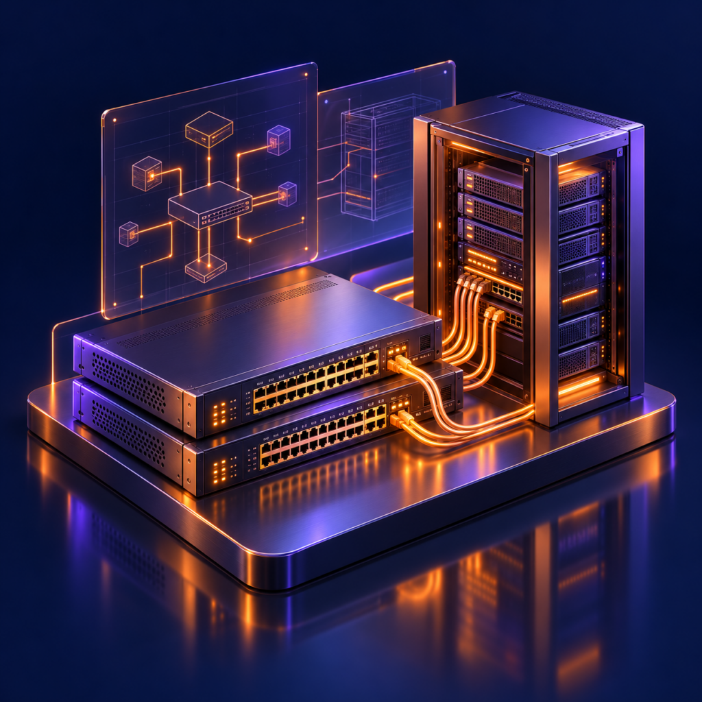 3D illustration of network switches and a server rack